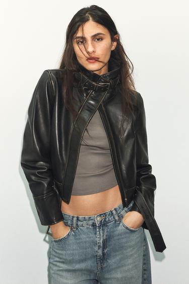Zara 100% DISTRESSED LEATHER JACKET - Dark brown