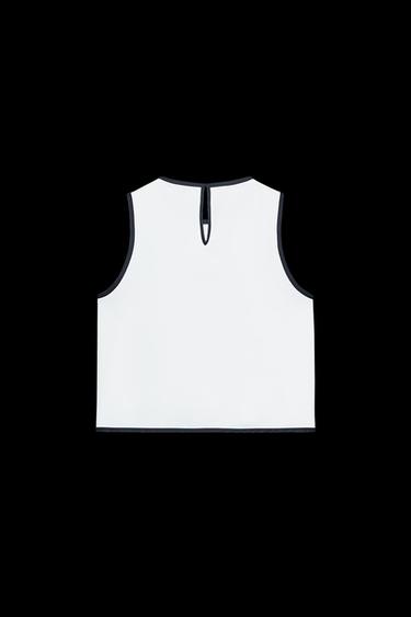 Zara CONTRAST TRIM TOP - Ecru / Navy