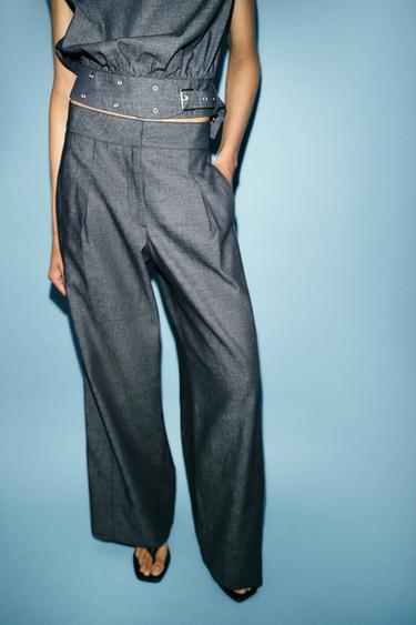 Zara HIGH-WAISTED WIDE LEG LINEN PANTS - Indigo