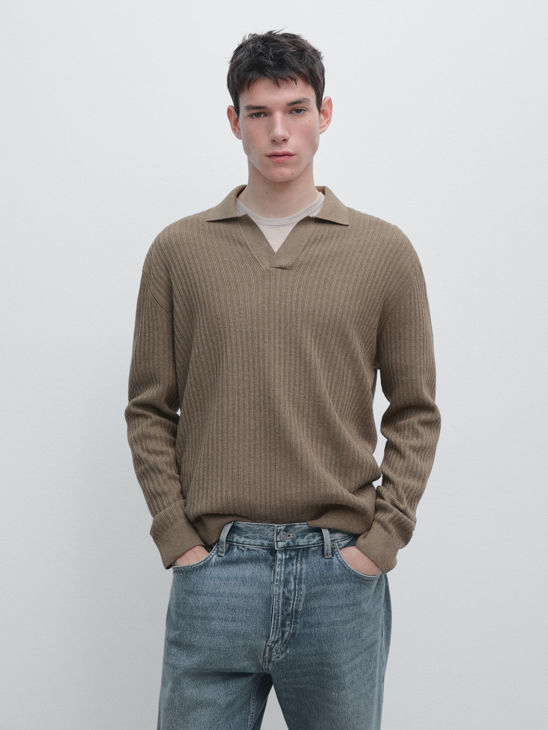 Cotton blend knit polo sweater
