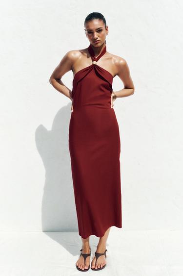LINEN BLEND HALTER MIDI DRESS - Wine by Zara - Image 0