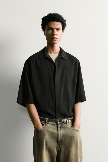 Zara TEXTURED BOXY FIT SHIRT - Black