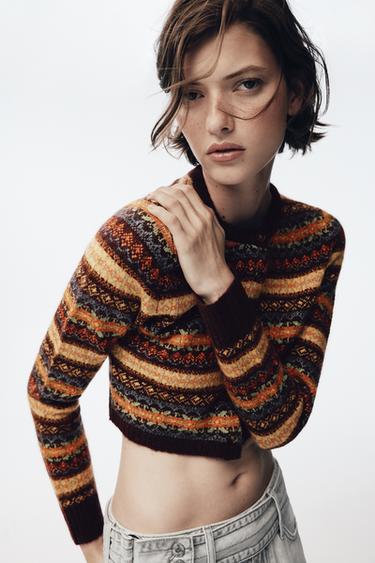 Zara CROPPED JACQUARD KNIT CARDIGAN - Multicolored