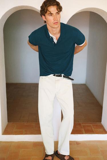 Micro-textured cotton piqué polo shirt — Blue / Green 1