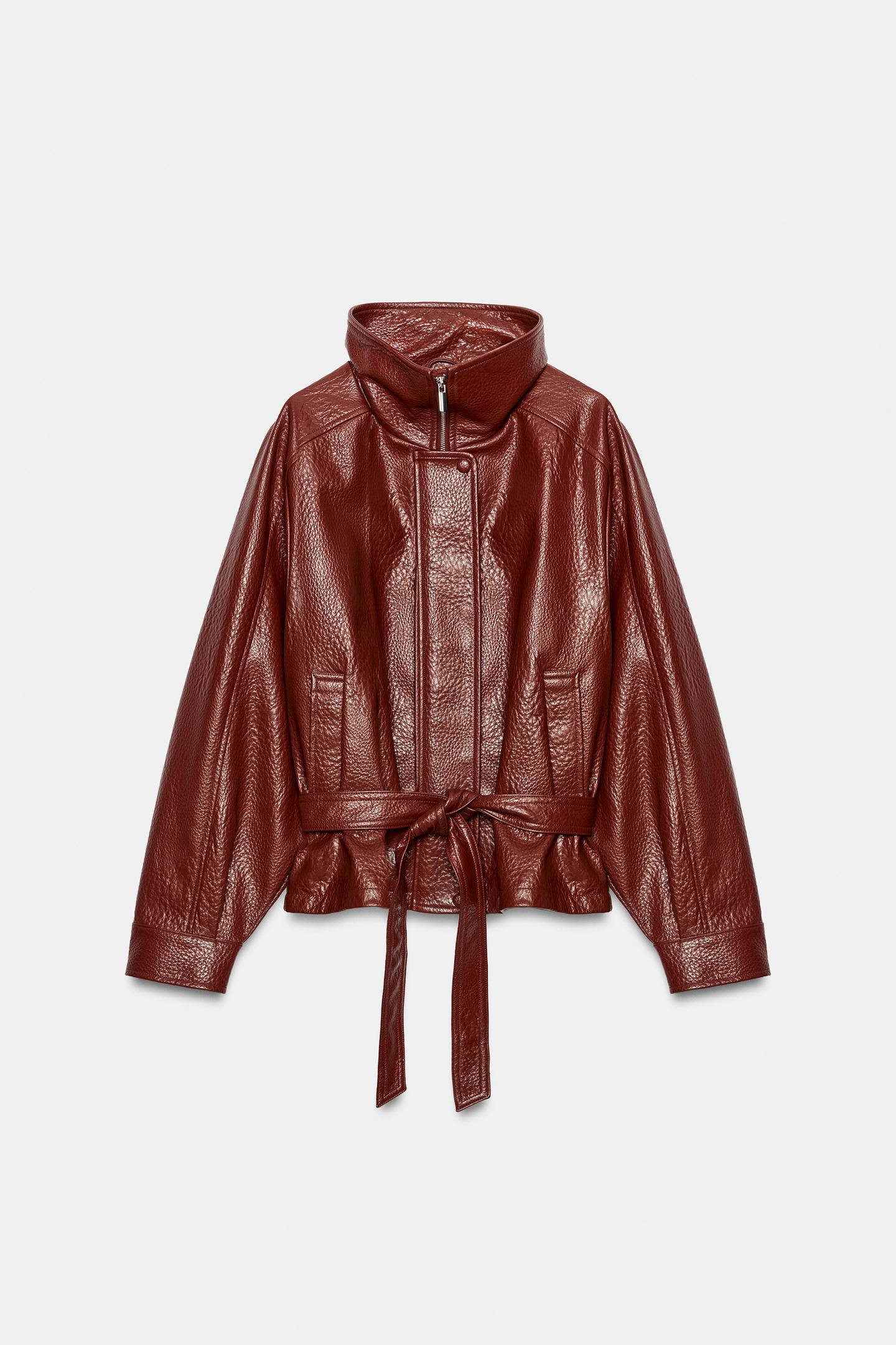 Женская куртка Zara Faux Leather Belted, цвет: Marsala — фото 6