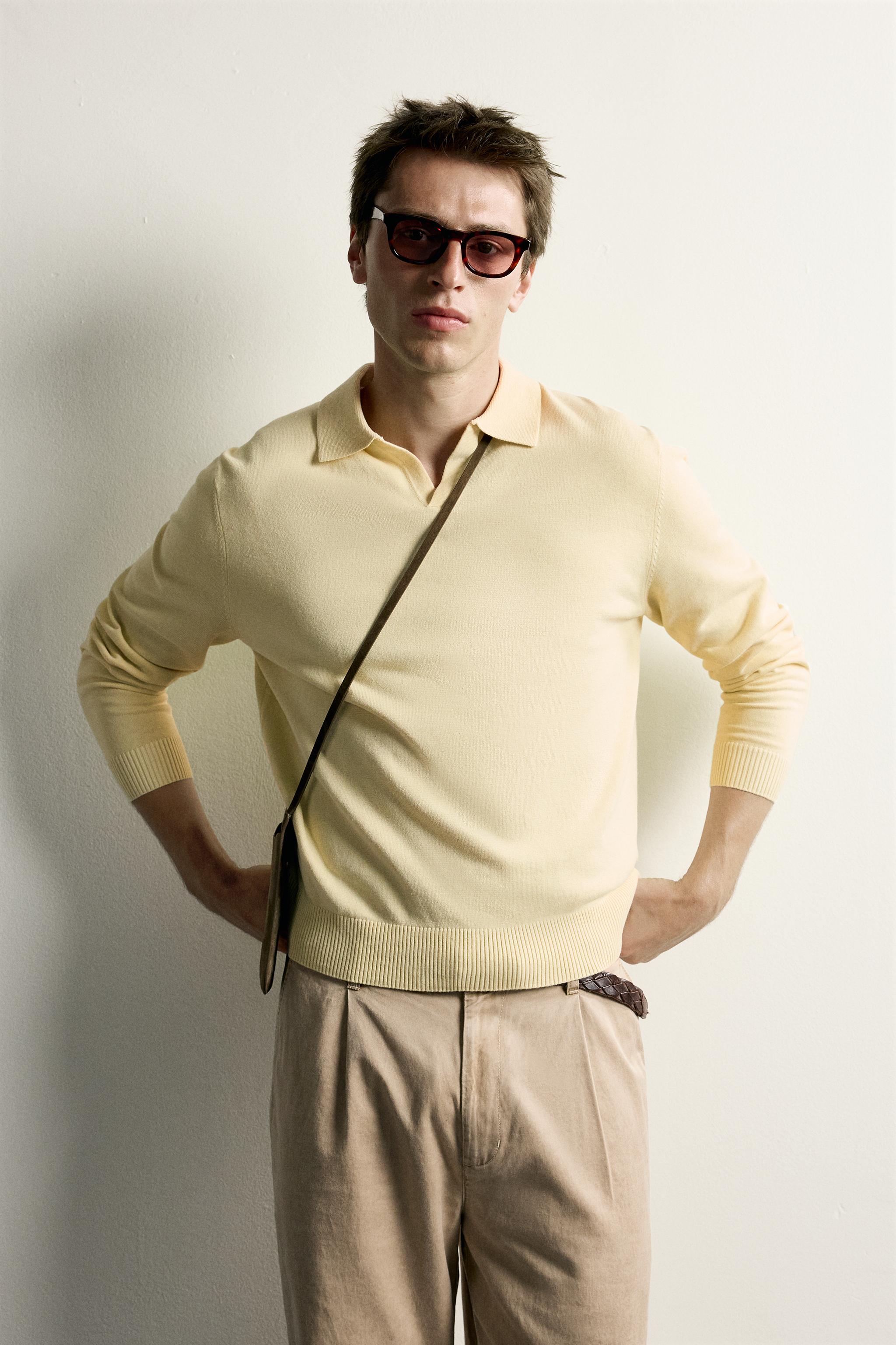 COTTON-LINEN REGULAR FIT KNIT POLO — Yellow