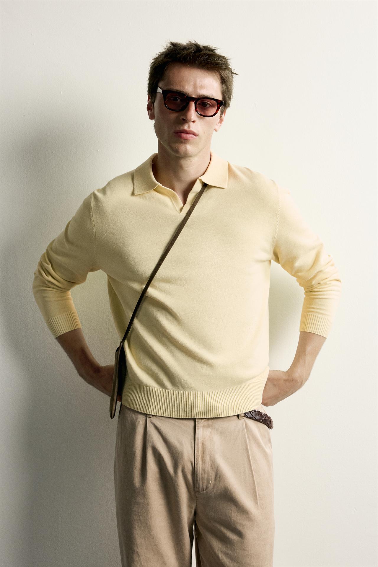 COTTON-LINEN KNIT REGULAR FIT POLO — Yellow