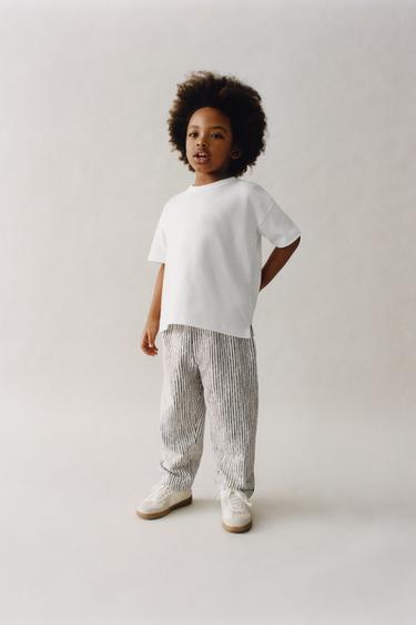 Zara STRIPED FLEECE STRAIGHT-LEG PANTS - Ecru