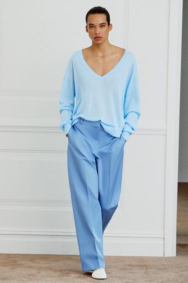 FINE KNIT V-NECK JUMPER - Pastel blue by Zara