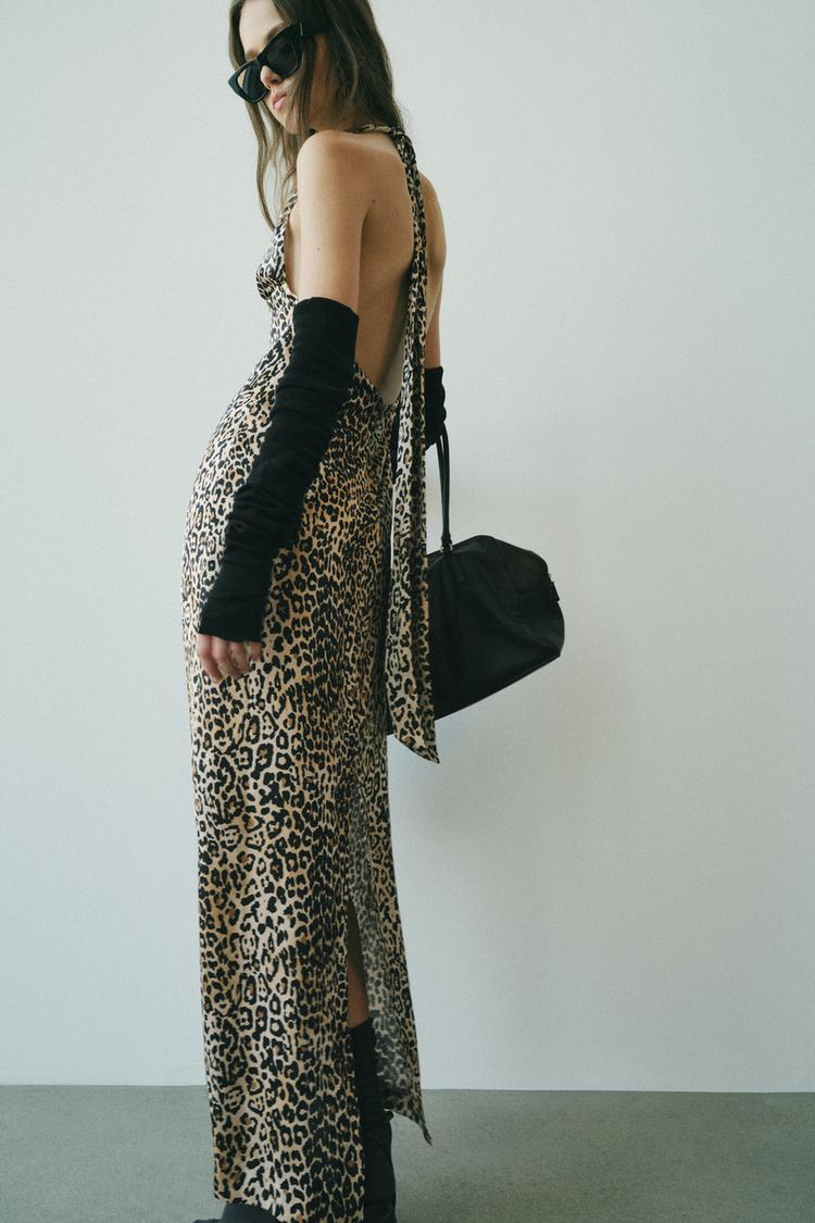 ANIMAL PRINT SATIN HALTER DRESS