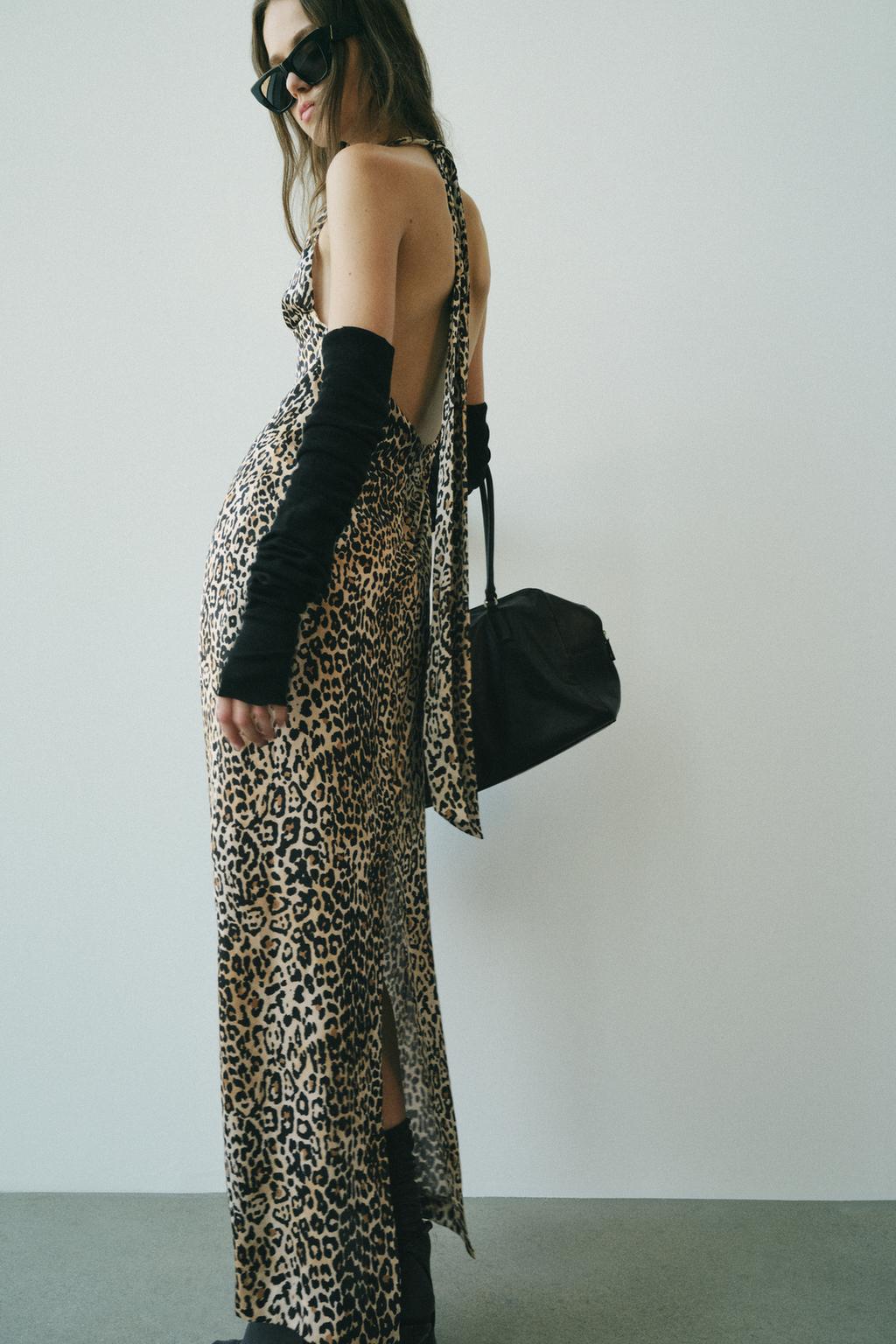 ANIMAL PRINT SATIN HALTER DRESS