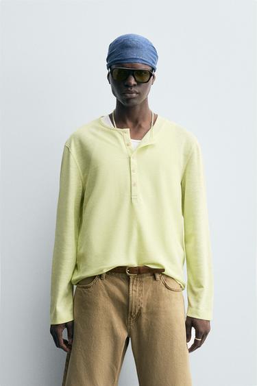 Zara LIGHTWEIGHT BUTTON NECK T-SHIRT - Washed green