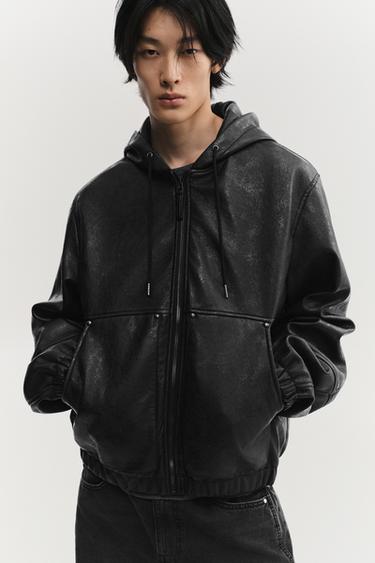 HOODED LEATHER EFFECT JACKET - Black by Zara