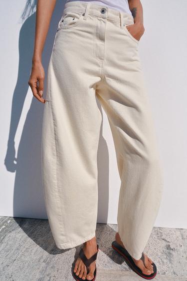 Zara ZW COLLECTION MID-RISE ANKLE BALLOON JEANS - Ecru