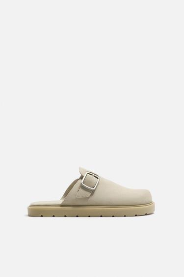 Zara LEATHER BUCKLE CLOGS - Beige