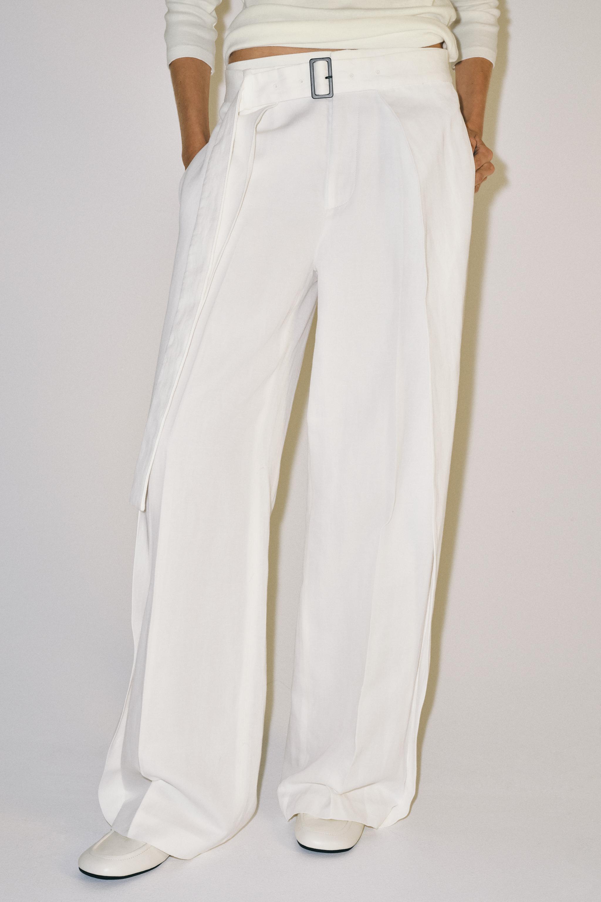 ZW COLLECTION PLEATED BELTED TROUSERS — Ecru