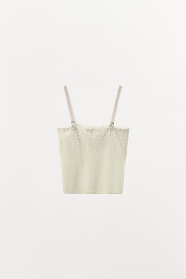 TOP I STRIK MED BLONDER OG BRODERIER - råhvid fra Zara