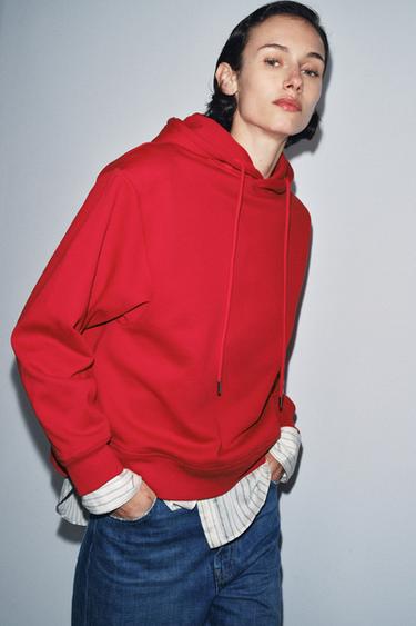 Zara OVERSIZED HOODED SWEATSHIRT - Red