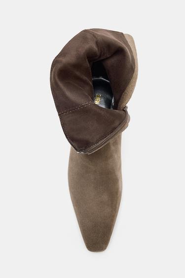 Zara SPLIT LEATHER KITTEN HEEL ANKLE BOOTS - Taupe Gray