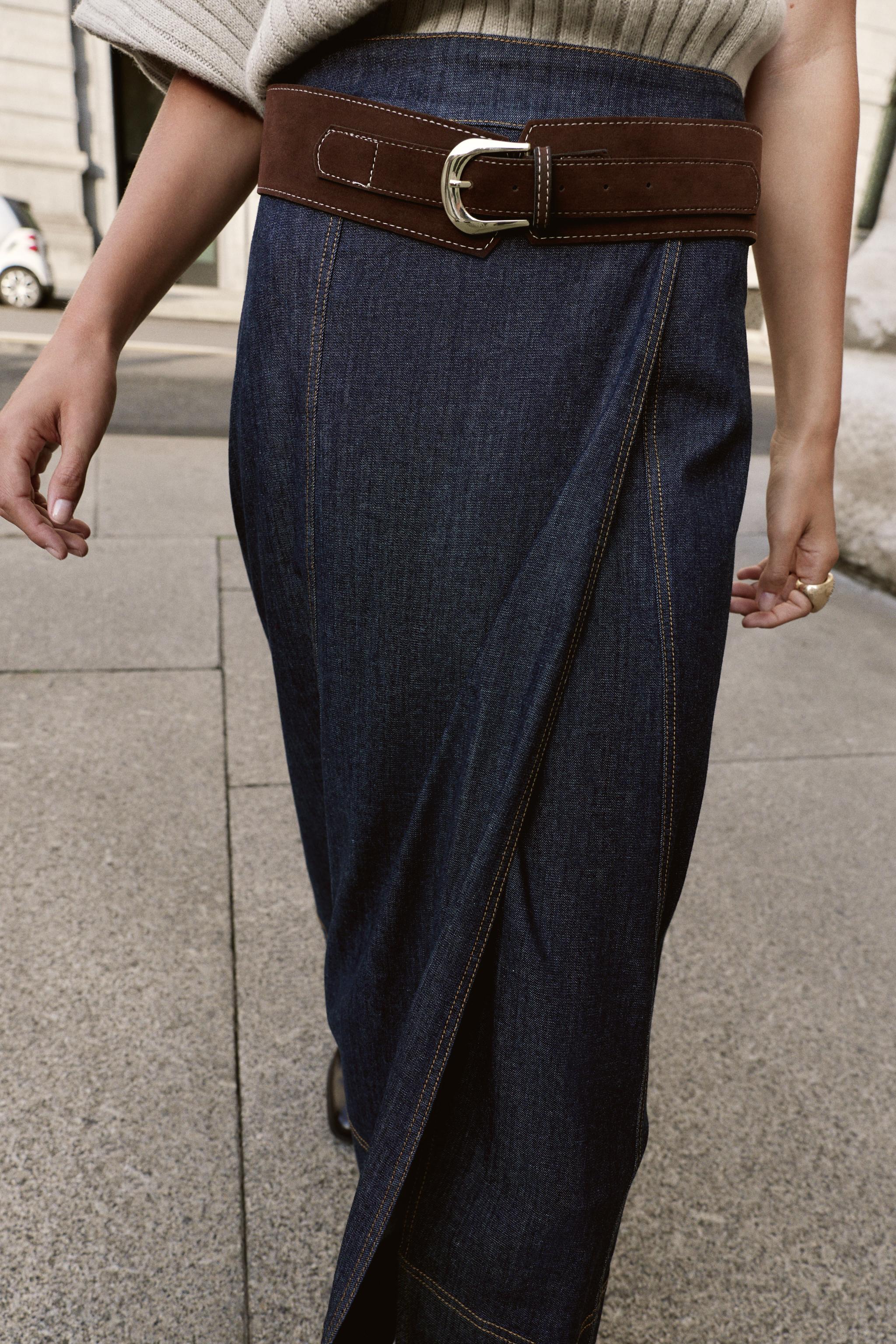 Z1975 BELTED DENIM MIDI WRAP SKIRT