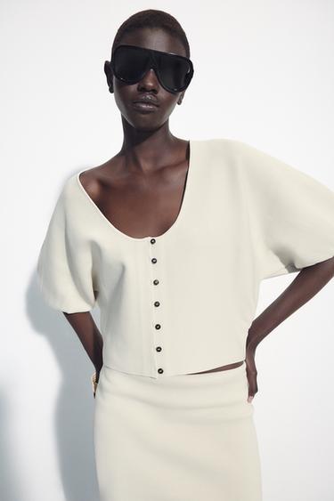 Zara PUFF SLEEVE CARDIGAN - Stone