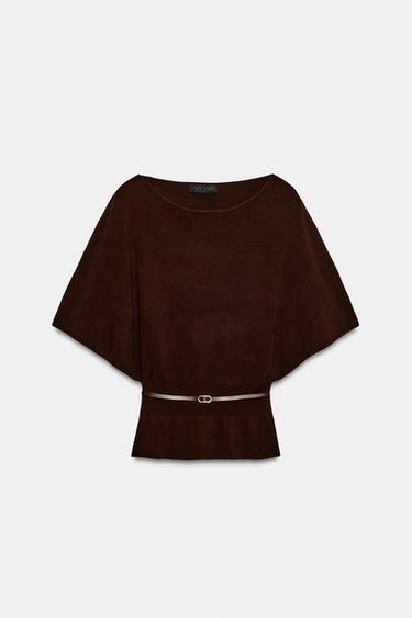 Zara KNIT BELTED TOP - Dark brown