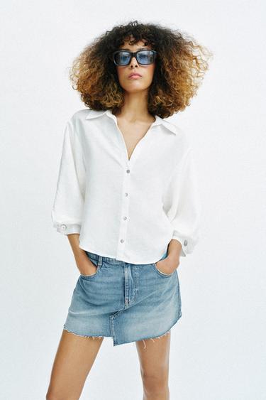 Zara Z1975 DENIM SKORT WITH RAW HEM - Mid-blue