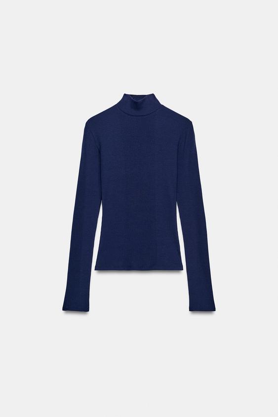 RIBBED HIGH NECK T-SHIRT - Navy blue by Zara - Image 3
