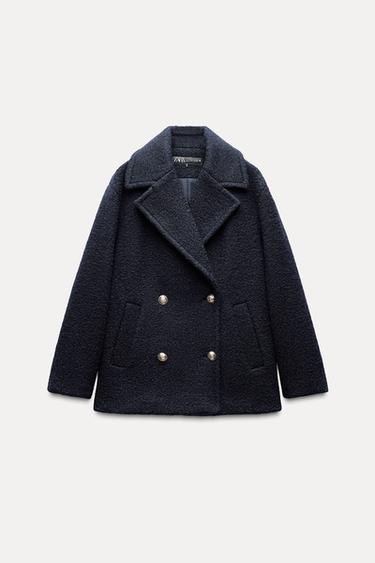 Zara DOUBLE-BREASTED BOUCLÉ COAT - Navy blue