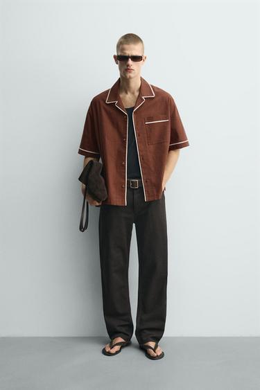 OVERHEMD RELAXED FIT MET CONTRASTERENDE BIESJES - Bruinrood van Zara - Afbeelding 0