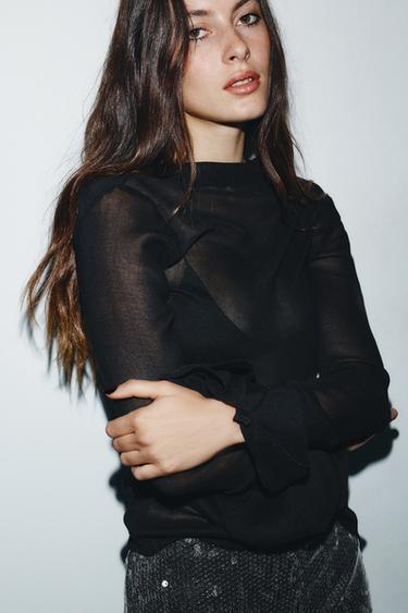 RUFFLED CONTRAST TOP - Black by Zara