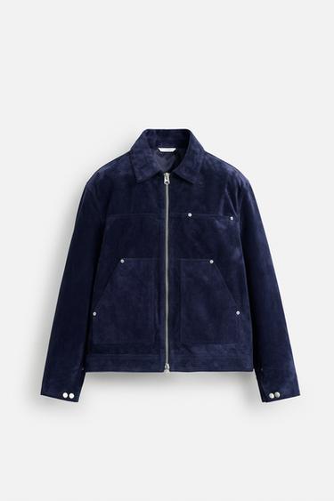Zara SUEDE LEATHER JACKET - Blue