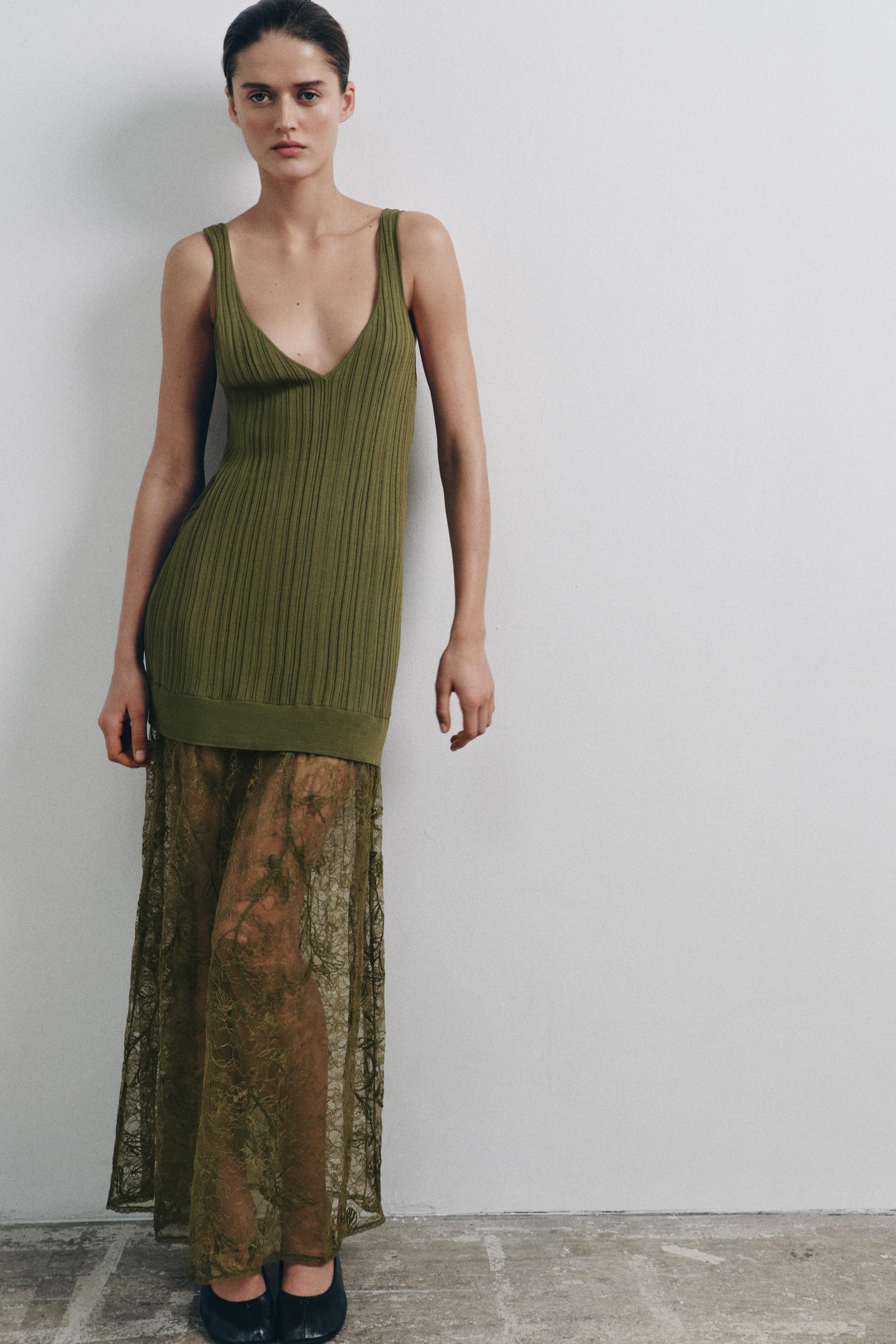 LACE KNIT MIDI DRESS - Green | ZARA United States LACE KNIT MIDI DRESS - Green | ZARA United States