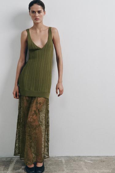 FUSTAN MIDI ME THURJE DHE DANTELLË - E gjelbër nga Zara