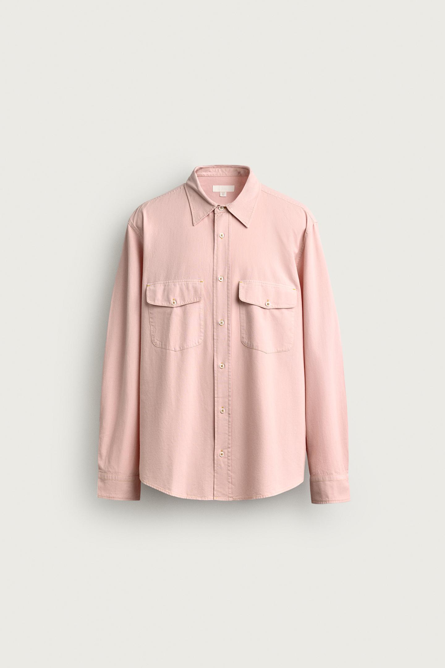 Мужская рубашка Zara Relaxed Fit Pocket, цвет: Светлый розовый — фото 7
