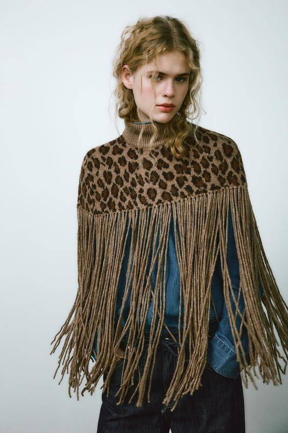 ANIMAL PRINT FRINGED CAPE Leopard ZARA Spain
