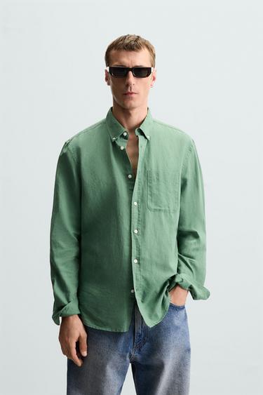 CAMISA DE LINHO - ALGODÃO - VERDE da Zara