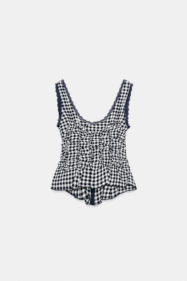 DRAPED GINGHAM TOP - Ecru / Blue by Zara - Image 7
