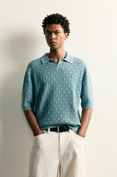 WASHED CHECKED KNIT POLO SHIRT - Light blue by Zara