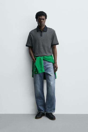 بولو جاكارد مخطط بقصة عادية - بحري/ أبيض by Zara