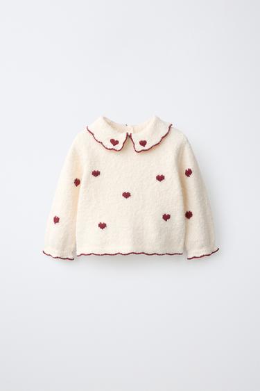 KNIT JUMPER WITH PETER PAN COLLAR AND HEARTS - Ecru by Zara