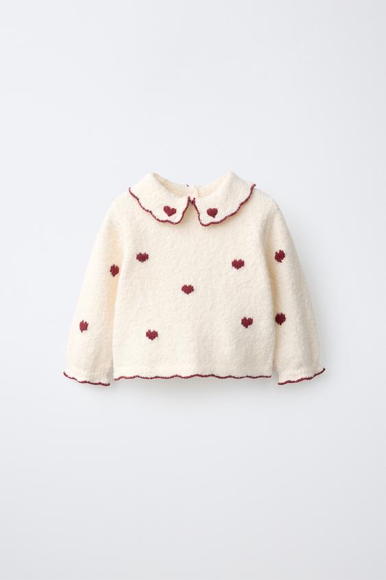 KNIT JUMPER WITH PETER PAN COLLAR AND HEARTS - Ecru by Zara - Image 0