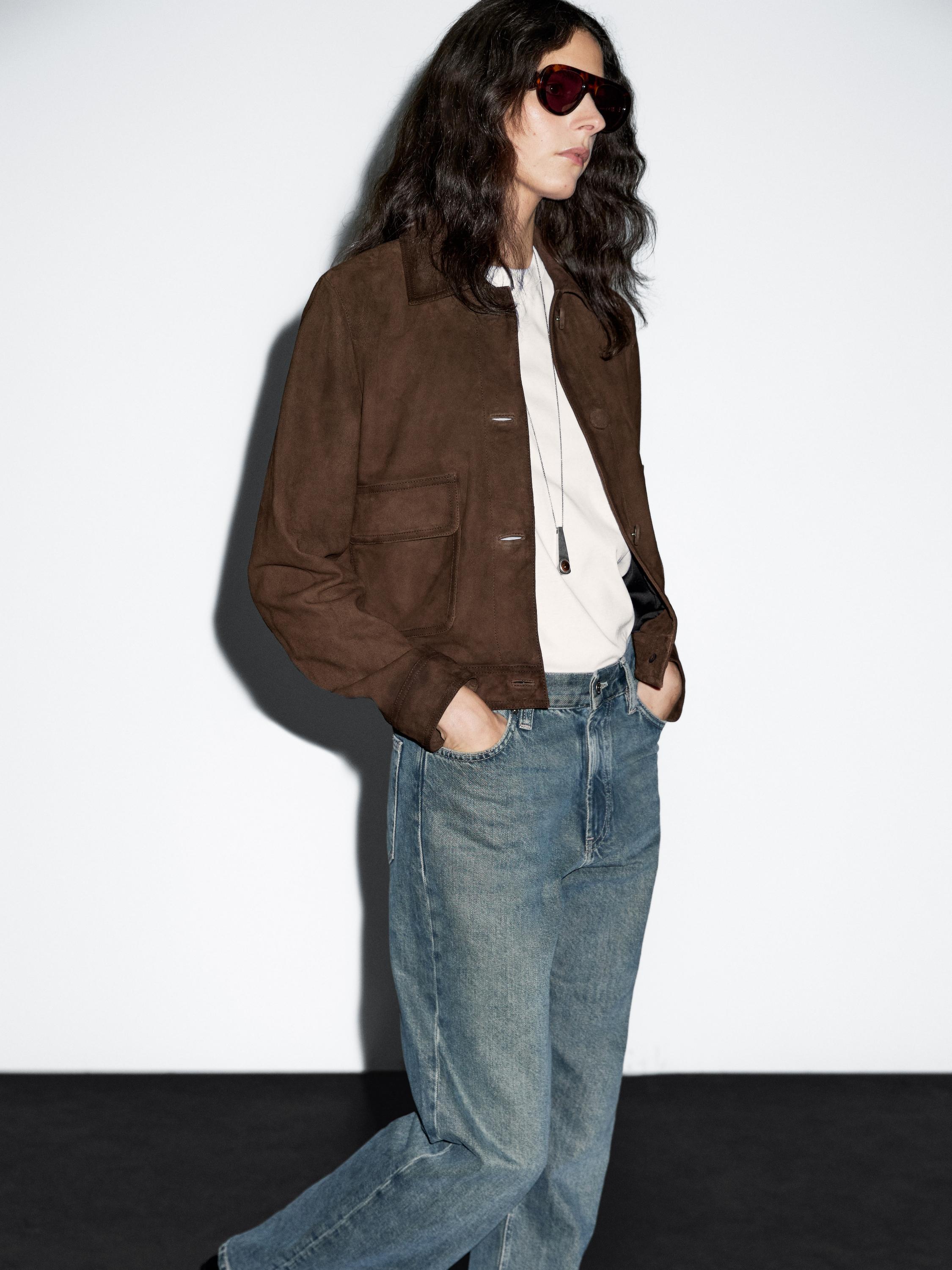 Cropped suede leather-lined jacket with buttons