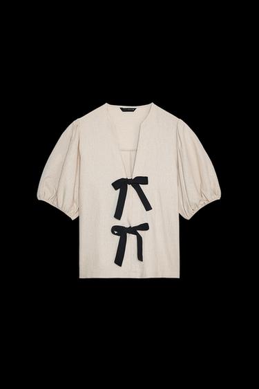LINEN BLEND TIE BLOUSE - Light beige by Zara
