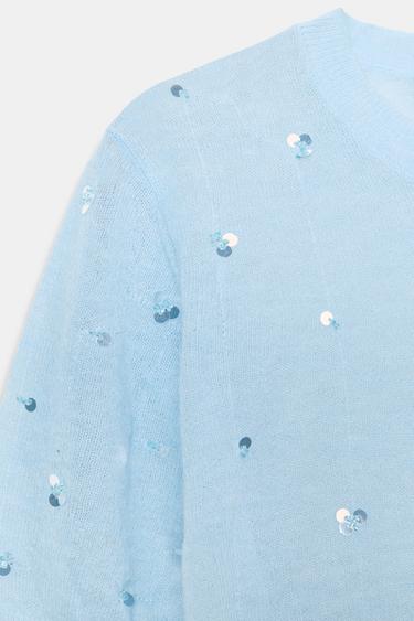 SEQUIN SHORT SLEEVE KNIT TOP - Pastel blue by Zara - Image 8