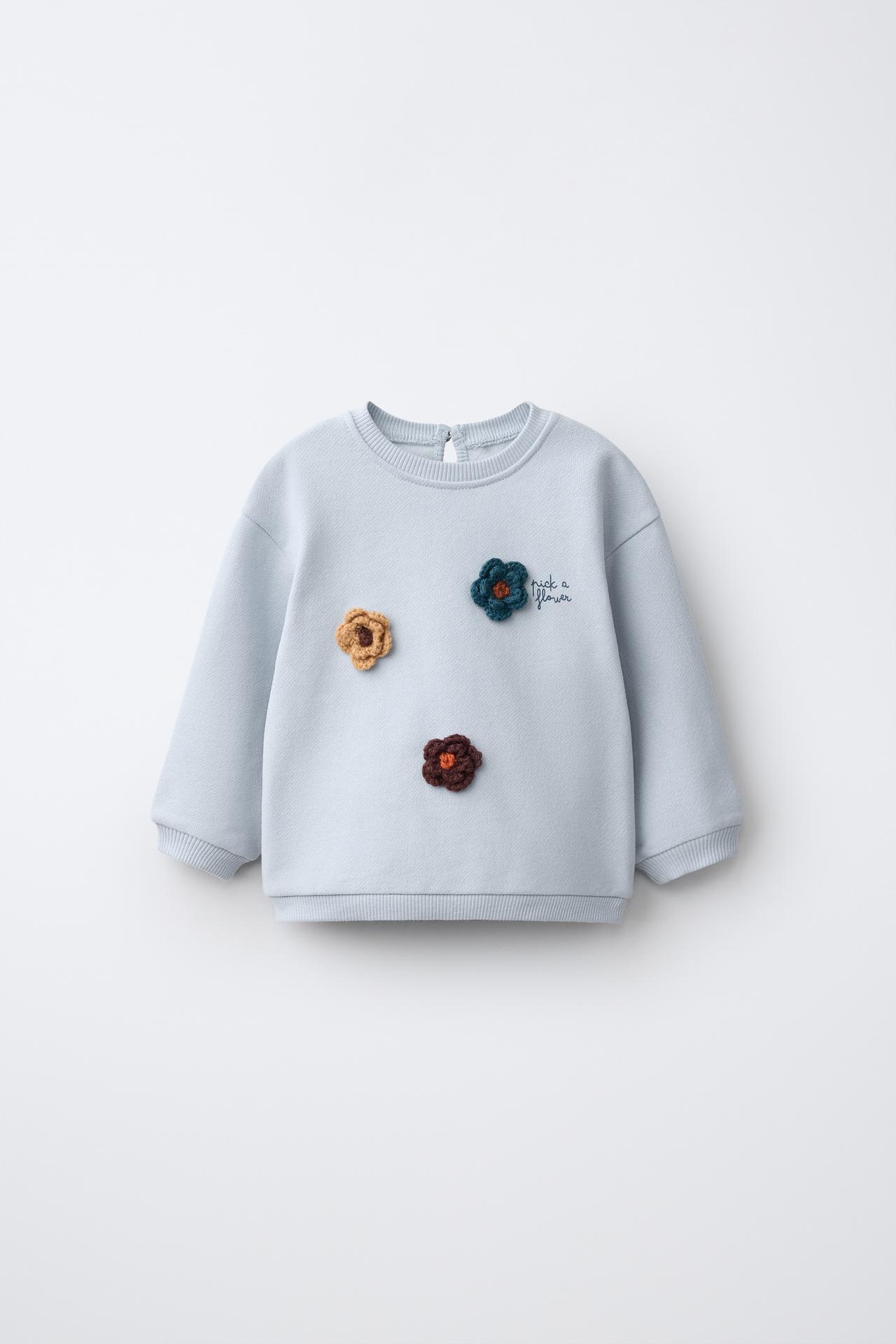 CROCHET FLOWER APPLIQUÉ SWEATSHIRT — Bluish