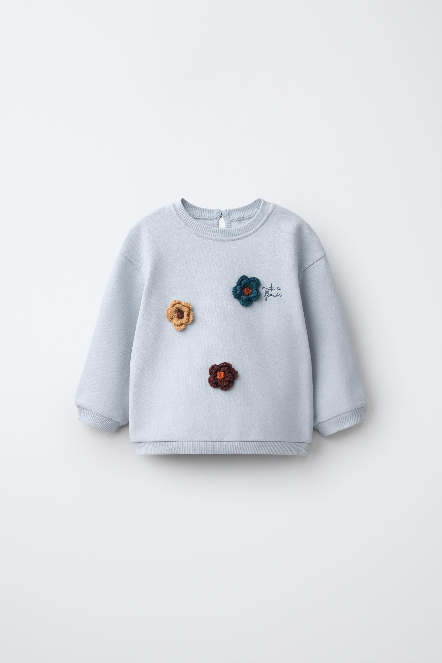 Детский свитшот Zara Crochet Flower AppliquÉ Sweatshirt, цвет: Голубоватый — фото 1