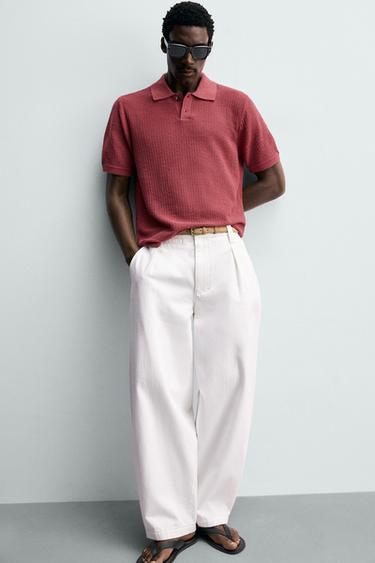 REGULAR FIT TEXTURED KNIT POLO SHIRT - Dark pink by Zara - Image 4