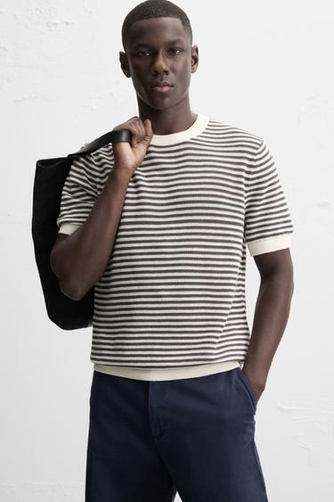 STRIPED KNIT T-SHIRT - White / Grey by Zara