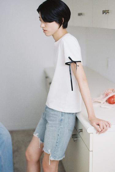 대비 리본 티셔츠 - Zara 화이트